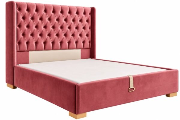 Lit capitonné avec coffre de rangement en velours rose 160x200, tête de lit Chesterfield, Aouzal Group Maroc