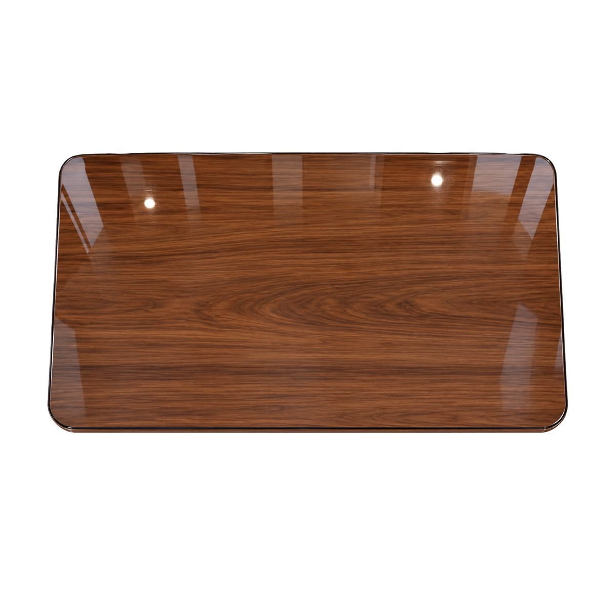 Plateau de table basse en verre sur MDF effet noyer brillant, vue de dessus